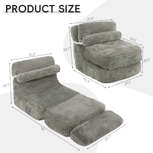 XVD 82" Extra Long Folding Sofa Bed with Pillow, Convertible Sleeper Chair, 2 in 1 Folding Chair Bed with Side Pocket Thick Corduroy Convertible Couch Bed for Office, Guest Room, Dorm, Apts Gray - color: Light Gray