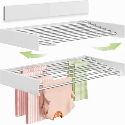 Vikaqi Wall Mounted Clothes Drying Rack 40 inches, Foldable Wall Mount Laundry Rack Folding Indoor, Drying Rack Clothing Collapsible, Hidden Space Saver with Wall Template, 6 Rods, White - color: White, size: 40" Wide