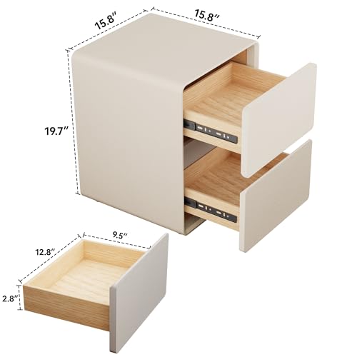 15.8" W Faux Leather Narrow Nightstand, Fully-Assembled Bedside Table with 2 Drawers, Wood Night Stand Small Accent End Table & Side Table for Bedroom, Cream White - color: Cream, size: 16in
