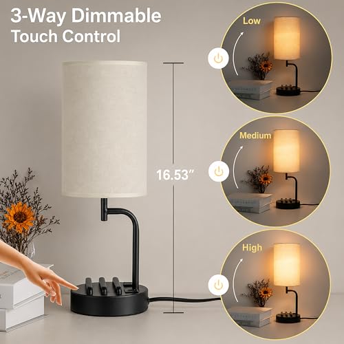 Dreamholder Touch Control USB Table Lamp with USB C/A & AC Outlet, 3-Way Dimmable Bedside Lamp, Modern Nightstand Lamps for Bedroom Living Room Guest Room Office, Bulb Included, Black - color: Black