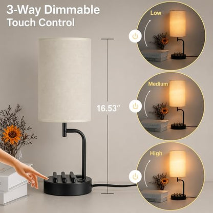 Dreamholder Touch Control USB Table Lamp with USB C/A & AC Outlet, 3-Way Dimmable Bedside Lamp, Modern Nightstand Lamps for Bedroom Living Room Guest Room Office, Bulb Included, Black - color: Black