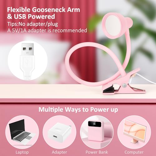LiFMIRA Pink Small Desk Lamp Clip on LED Reading Light for Bed | 3 Color Modes 10 Dimmable Brightness, Book in Bed Headboard, Flexible Reading Lamp with Clamp BL08 - color: Pink