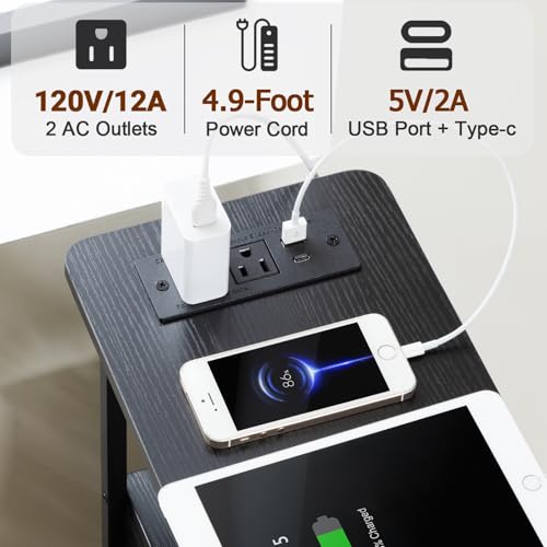 Narrow End Table with Charging Station, Small Nightstand | Skinny Side Tables Living Room with 3 Fabric Drawers, Bedside Table with LED Lights for Bedroom, Small Spaces, Black - color: Black, size: 27.55''H (3 Drawers), style: Power + Light