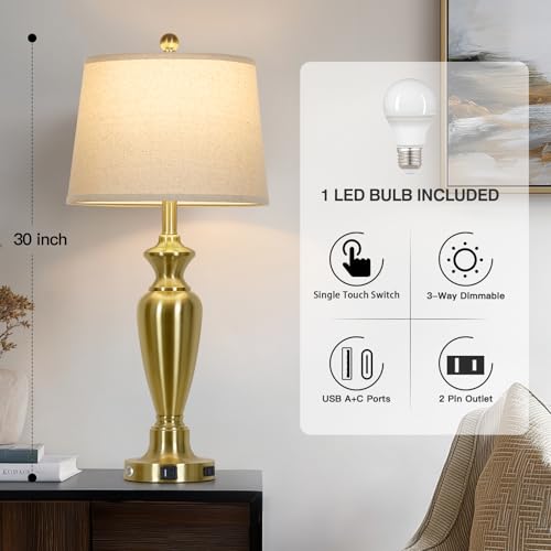 Cinyirong 30" Tall Gold Table Lamp for Living Room, 3-Way Dimmable Touch Control Bedside Lamp for Bedroom Nightstand with USB A+C Ports & AC Outlet (1 Pack) - color: Gold (1 Pack)