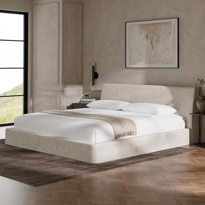 RECCI AirFrame King Upholstered Bed Frame with Ergonomic Angled Headboard | Ergonomic Angled Headboard, 360° Soft Foam Surround, Low Profile Cloud Bed Frame, No Box Spring Required, Easy Assembly - color: Beige Chenille, size: King
