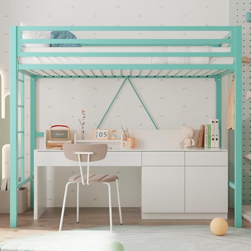 Allewie Metal Loft Bed Twin Size with Guardrail and Ladder,Green | Small Space Saving Design for Bedroom Kid Room and Dorm, No Box Spring Needed - color: Green