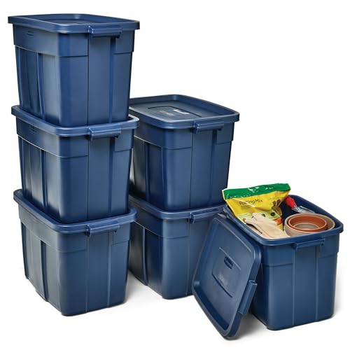 Rubbermaid Roughneck Tote 18 Gal, 6 Pack, Made in USA, Dark Indigo Metallic, Rugged Plastic Stackable Storage Bins with Lids and Handles - size: 18 Gal - 6 Pack