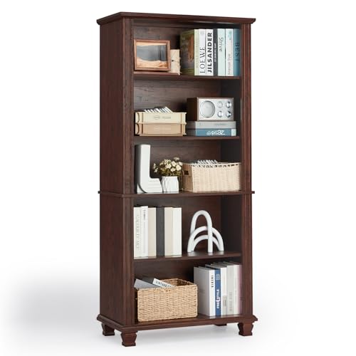 70" Tall Walnut Bookshelf,5 Tier Wooden Book Shelf with Adjustable Shelves & Wood Legs,Free Standing Farmhouse Bookcase with Open Display Storage,Vintage Bookshelves for Classroom, Office - color: Walnut, size: 15.6"D x 31.5"W x 70"H