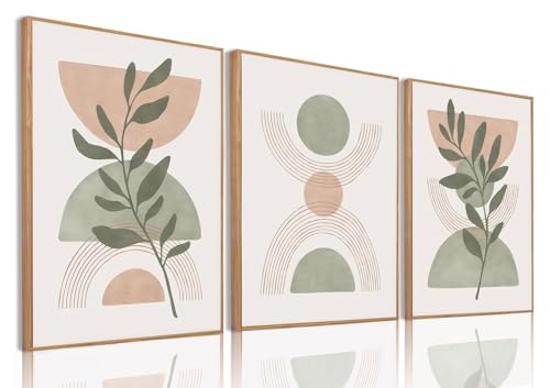 Boho Green Botanical Framed Canvas Wall Art Set of 3, 12x16 inch | Mid Century Abstract Wall Decor, Green Botanical Geometric Prints, Bedroom Living Room Bathroom Art - color: Boho Green, size: 12"x16"Natural