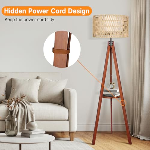 OUTON Boho Rattan Tripod Floor Lamp with Shelves, Remote Control, Dimmable Mid Century Modern Standing Lamp 58.5" for Bedroom, Living Room & Office, Lamp Shade Includes E26 9W Bulb, Walnut - color: Walnut & Rattan Shade