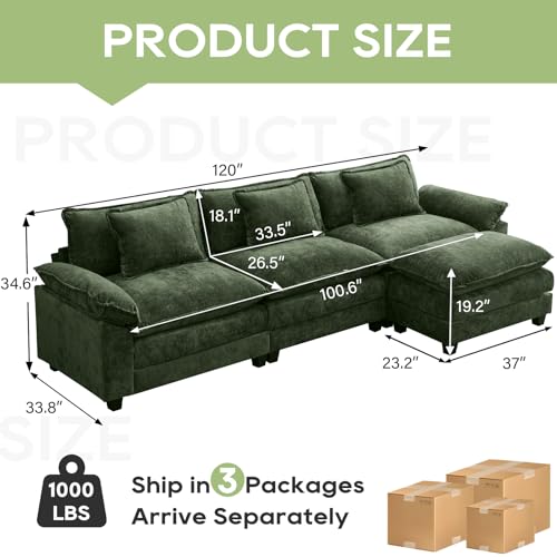 120" Modular Sectional Sofa, Comfy Deep Cloud Couch with Ottoman | L-Shaped Couches for Living Room, Modular Couch, Deep and Wide Seat, Chenille Sofa Sleeper with Throw Pillows, Green - color: Green, size: 120 Inch L