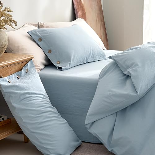 JELLYMONI 100% Washed Cotton Baby Blue Duvet Cover Queen, Linen-Like | OEKO-TEX Certified, Soft, Breathable Percale Bedding with Natural Wrinkle Texture, Button Closure, 3-Piece Set, 90"x90" - color: 01- Baby Blue, size: Queen(90"×90")