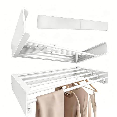 Wall Mounted Clothes Drying Rack 31.5" Wide，Foldable Wall Mount Laundry Rack with 5 Aluminum Rods,Retractable and Foldable Space-Saving Wall Mounted Clothes Drying Rack White