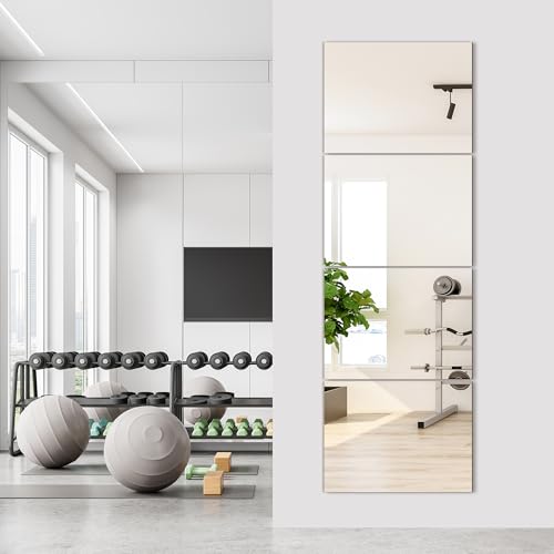 Wall Mirror Tiles, 16"x12"x4PCS Full Length Home Gym Mirror | HD Tempered Glass, Frameless Workout Mirror for Garage, Bedroom, Living Room, Over The Door - size: 16"x12"x4PCS