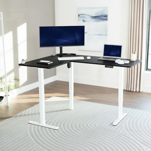 VIVO Black 63 x 47 in Corner Standing Desk, DESK-E3CTWB-47 | Electric, Holds 225 lbs, Reversible L-Shaped Table, Sit Stand, Height Adjustable, Memory Presets, White Frame - color: Black Top / White Frame, size: 47 x 63