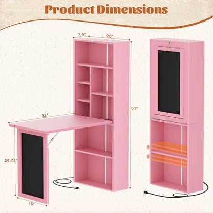 Small Folding Desk with Outlets, Convertible Writing Desk for Small Spaces/Home Office/Craft Room, Multi-Function Desk Workstation with Blackboard, Fold-Out Cabinet Table, Pink | Foldable Wall Mounted Desk Cabinet with Storage, Craft Cabinet with Fold Out