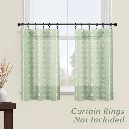 Lino Rosa Bathroom Curtains Window,Boho Sheer Linen Block Print Curtains for Shower Window,Sage Green - color: Sage, size: 24"W x 24"L (Pack of 2)