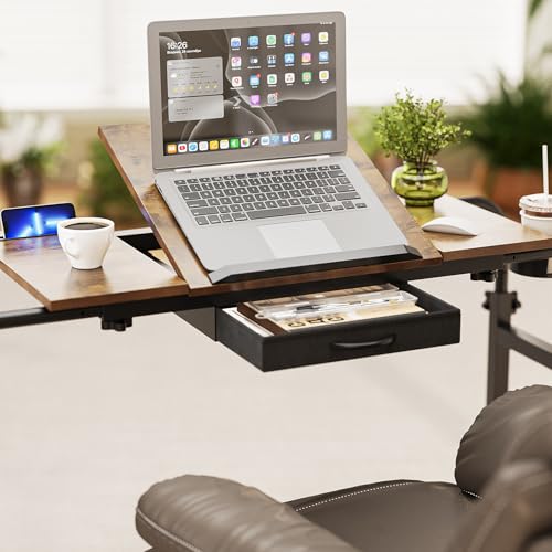 GiftGo Overbed Table with Wheels Rolling Laptop Desk Cart Table for Recliner Over Chair Adjustable for Hospital and Home Use Over The Bed Table with Storage Drawer and Cup Holder (Rustic Brown) - color: Rustic Brown