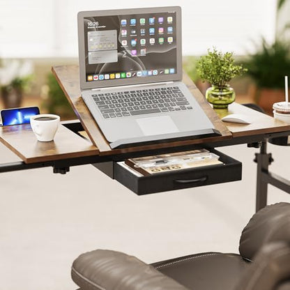 GiftGo Overbed Table with Wheels Rolling Laptop Desk Cart Table for Recliner Over Chair Adjustable for Hospital and Home Use Over The Bed Table with Storage Drawer and Cup Holder (Rustic Brown) - color: Rustic Brown