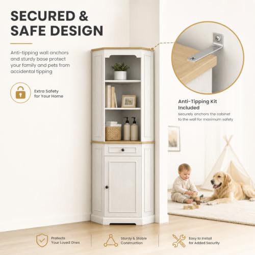 68" Tall Corner Cabinet with Adjustable Shelves | Bar Storage Cabinet with Drawer & Door, Freestanding Wood Corner Bookshelf for Bathroom, Living room, Dining room & Kitchen