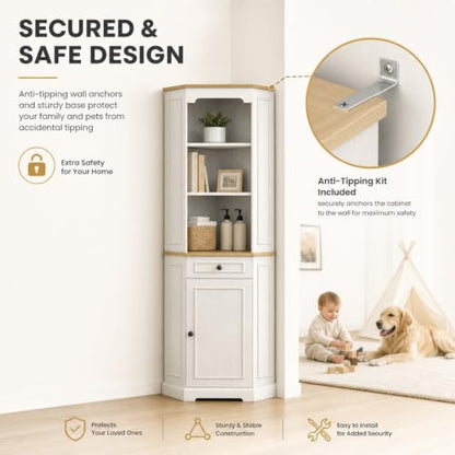 68" Tall Corner Cabinet with Adjustable Shelves | Bar Storage Cabinet with Drawer & Door, Freestanding Wood Corner Bookshelf for Bathroom, Living room, Dining room & Kitchen