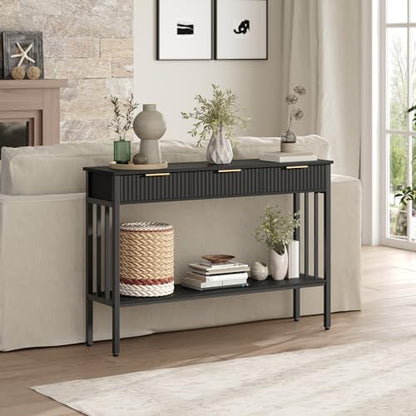 MAHANCRIS 47.2" Console Table with 3 Drawers, Fluted Black Entryway Table | Narrow Long Entry Table with Storage Shelf, Sofa Table for Entryway, Living Room, Foyer, Hallway, Office, Black Gold CTHB5201 - size: 11.8"D x 47.3"W x 32.3"H