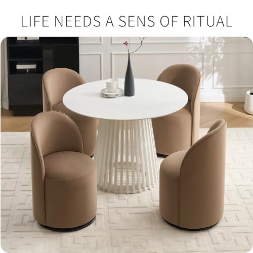Penau Swivel Dining Chair, Velvet Barrel Seat, Brown | Velvet Upholstery, 360 Degree Swivel, Curved Backrest, Compact Seating For Dining Room And Vanity