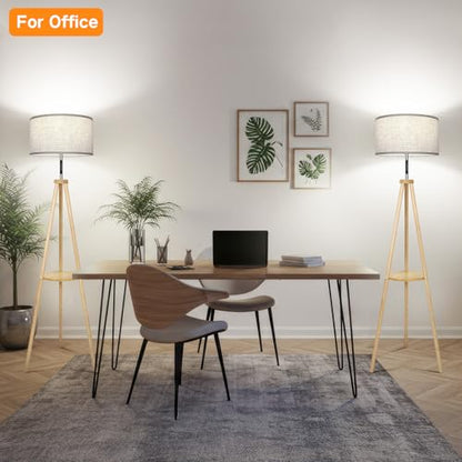 OUTON Wood Tripod Floor Lamp with Shelves, Mid Century LED Modern Dimmable Floor Lamp with Remote Control, Sturdy Tall Standing Lamp with Beige Lamp Shade for Living Room, Bedroom, Office - color: Wood & Touch Control