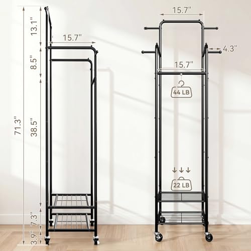 Small Clothing Rack with Wheels, Narrow Rolling Clothes Rack with 2 Shelves | Gasvadivum 71" Tall Sturdy Metal Garment Rack with 4 Hanging Rods & 4 Hooks, Portable Coat Rack for Bedroom, Bathroom, Black - color: Black