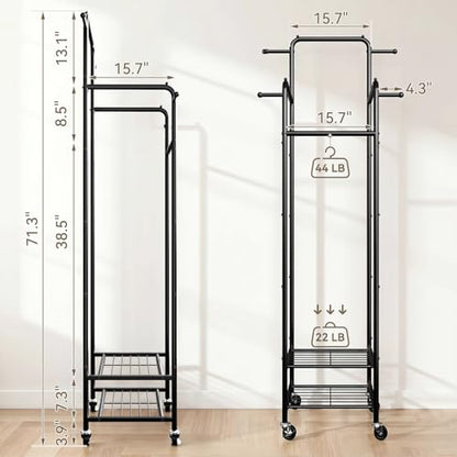 Small Clothing Rack with Wheels, Narrow Rolling Clothes Rack with 2 Shelves | Gasvadivum 71" Tall Sturdy Metal Garment Rack with 4 Hanging Rods & 4 Hooks, Portable Coat Rack for Bedroom, Bathroom, Black - color: Black