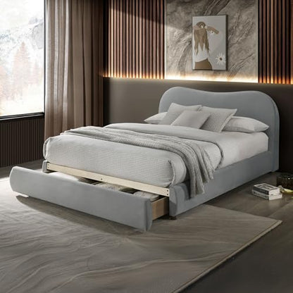 Light Gray Finish 1pc Queen Size Bed Low Profile Upholstered Bed Wooden Legs Curved Headboard Contemporary Bedroom Furniture