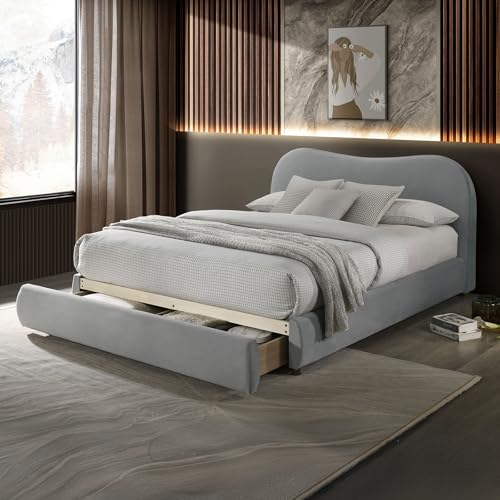 Light Gray Finish 1pc Queen Size Bed Low Profile Upholstered Bed Wooden Legs Curved Headboard Contemporary Bedroom Furniture
