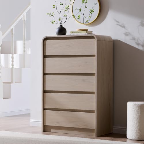 Aitjunz Modern 5 Drawers Dresser for Bedroom, 45" Tall Dressers, Cream | Wood Dressers & Chests of Drawers w/Curved Profile Design, Mid Century Vertical Dresser with Handleless Design for Bedroom - color: Cream, size: 15.5"D x 29.5"W x 45.3"H (5 Drawers)