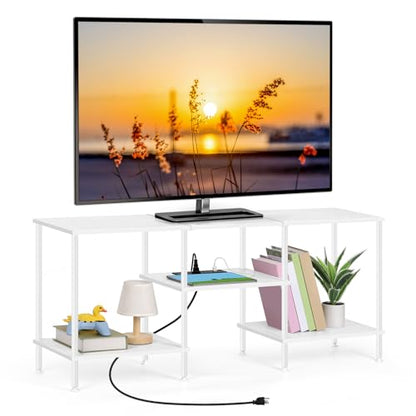 White TV Stand Bedroom with Power Outlets, Small Entertainment Center Stand with Open Storage Shelves for TVs up to 50 Inch, Wood TV Media Console Table with for Living Room, Bedroom - color: White