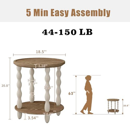 karlott Round Side Table, 2-Tier Farmhouse End Tables Living Room, Beige | Pine Leg, Weathered Handcrafted Wood Nightstand, Boho Round Nightstand, Easy Assembly for Living Room, Bedroom, Small Space - size: 2 Tier End Table 18.5 Inches