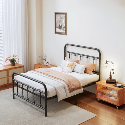 Vengarus Twin Metal Bed Frame with Victorian Headboard & Footboard, Black | 14" Twin Metal Platform Frame, Heavy Duty Steel Slat Support, Noise Free, No Box Spring Needed, Easy Disassembly & Transport - size: Twin