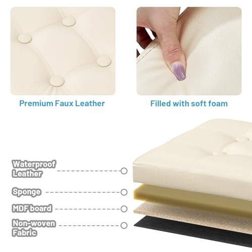 Bsketa Storage Ottoman Bench,16 Inch Folding Leather Foot Rest Stool, Beige | Small Ottoman with Side Pockets, Thicker Foam Padded Seat, Livingroom, Dorm, Bedroom, Easy to install, 38L, 16x12x12in - color: Beige-with Side Pockets.