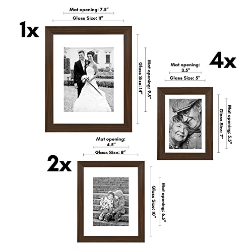 Americanflat Set of 7 Picture Frames with Shatter-Resistant Glass - Gallery Wall Frame Set with One 11x14, Two 8x10 and Four 5x7 Frames - Signature Collection - Walnut | Includes one 11x14, two 8x10 and four 5x7, shatter-resistant glass, hanging hardware
