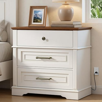 29.5" Tall Nightstand with Charging Station, 3 Drawer Farmhouse Night Stand, 27.6" Wide End Table with Storage, Large Bedside Table for Bedroom Living Room, White and Walnut - color: White and Walnut