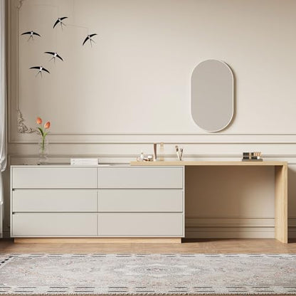 Modern Expandable L-Shaped Vanity Desk with 6 Drawers, Adjustable Computer Table for Home Office, Study, Writing, Gaming, and Bedroom Makeup, Beige, 56-98.5 ″