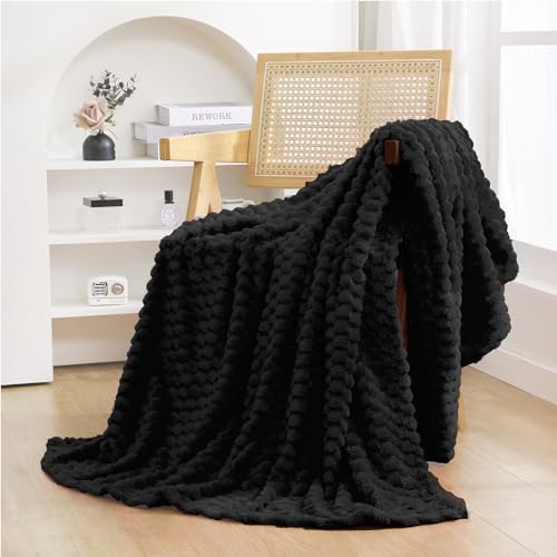 Puncuntex Black Throw Blanket 50"×60" inches Fuzzy 3D Jacquard Decorative | Flannel Fleece Super Soft Plush Cozy Blanket for Couch Sofa Chair Lightweight - color: Black, size: 50"×60”