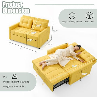 GOSUHI 52" 3-in-1 Convertible Sleeper Sofa Bed, Linen, Yellow | Pull-Out Bed, Stepless Adjustable Backrest, Side Pocket, Compact Loveseat, Living Room, Dorm & Apartment - color: Yellow