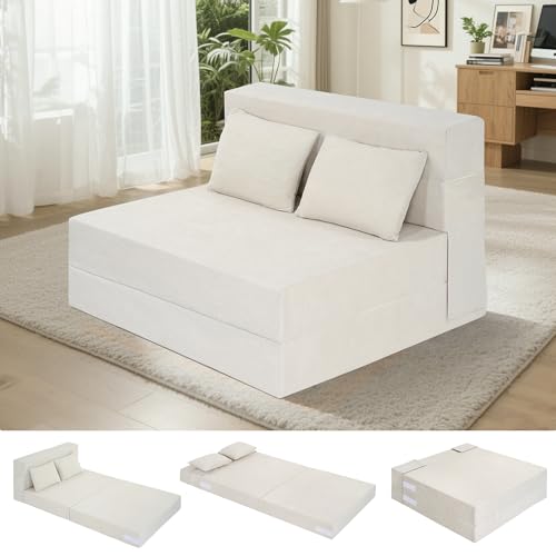 Fvkind Convertible Folding Sofa Bed with Pillow, Standard Size, Beige | Soft Corduroy Fabric - Portable Sofa Mattress - Guest Room & Living Room - Adults & Family - Easy Maintenance - color: Beige, size: Twin