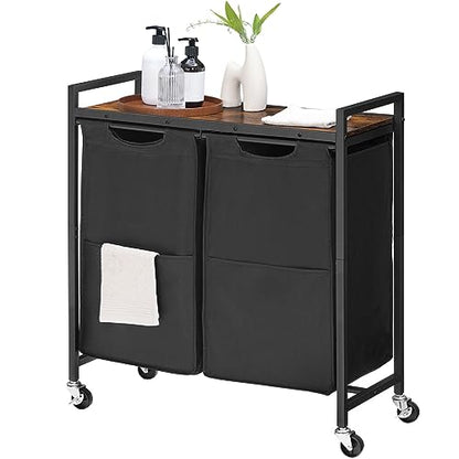 HOOBRO Laundry Hamper, Laundry Sorter 2 Section, 2 × 13 Gal (49.5L), Laundry Basket with Wheels, Rolling Cart, Pull-Out and Removable Oxford Fabric Bags, Rustic Brown and Black BF72XY01