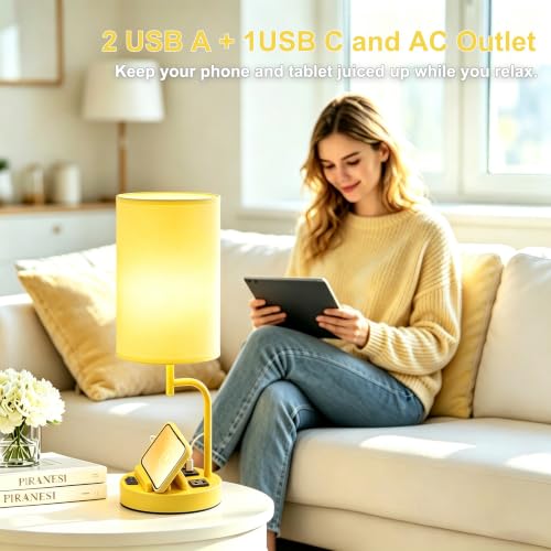 Dreamholder 2 Pack Table Lamp, Bedside Lamp with 3 USB Charging Ports & AC Outlet, USB Desk Lamp with 2 Phone Holders, Linen Fabric Shade Nightstand Lamps for Bedroom Living Room Office, Yellow - color: Yellow