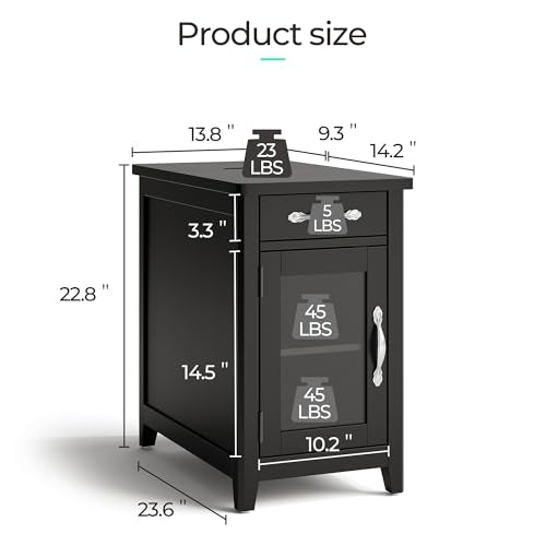 LINSY HOME End Table with Charging Station, Side Table for Bedroom with Drawer and Detachable Holder, Storage Shelf with Glass Door, Extra Storage & Display Space, Small Nightstand for Living Room | Built-in Charging Station with USB & Outlet, Drawer Stor