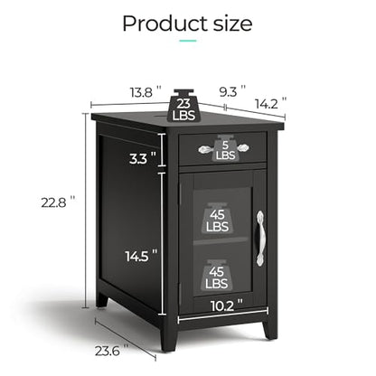 LINSY HOME End Table with Charging Station, Side Table for Bedroom with Drawer and Detachable Holder, Storage Shelf with Glass Door, Extra Storage & Display Space, Small Nightstand for Living Room | Built-in Charging Station with USB & Outlet, Drawer Stor