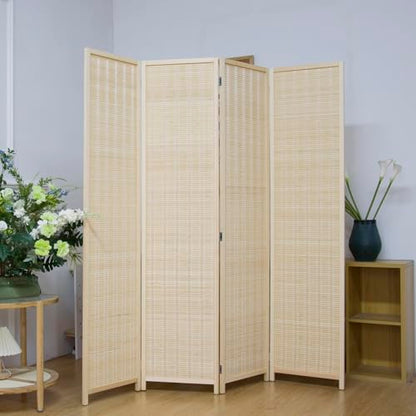 4 Panel Bamboo Room Divider Screen,5.6 FT Tall Bamboo Divider Folding Privacy Screen,Freestanding Panel Divider for Room Seperation,Beige - color: Beige, size: 4 Panel