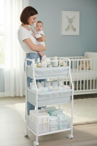 Rolling Utility Cart with Wheels, 3-Tier Diaper Cart, Rolling Nursery Cart & Baby Caddy Organizer for Nursery Essentials, Bedside/Postpartum Cart, Craft & Art Storage, Rolling Book Cart - size: WITHOUT_SIDE_STORAGE