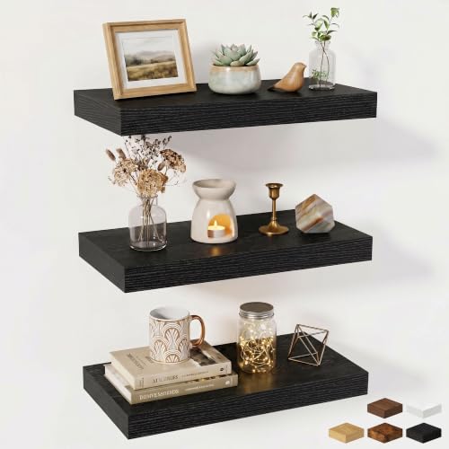 Fun Memories Wood Floating Shelves 20 Inch, 10 Inch Deep Shelves Wall Mount, Wall Shelves with Invisible Bracket, 20" Floating Shelves for Living Room Bathroom Bedroom, Black, Set of 3 - color: Classic Black, size: 20W x 10D x 1.5H